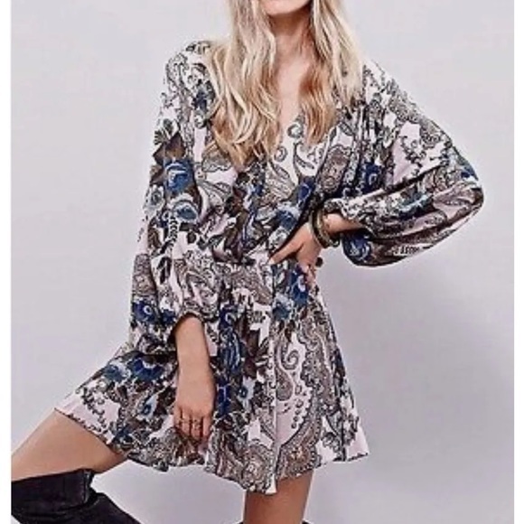 Free People High Plains Boho Ballon Sleeve Mini Dress in Paisley Print, Medium - Picture 1 of 10